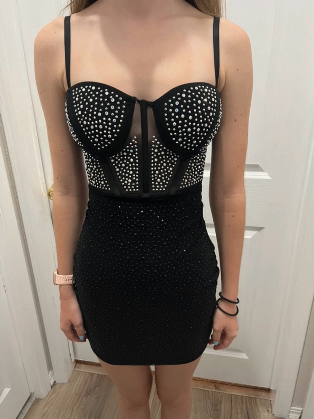 Midnight Sparkle Rhinestone Sheer Mini Dress Size S